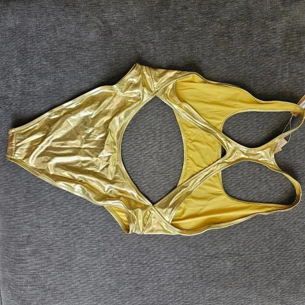 Skims Signature Swim Gold Cut Out Monokini Racerback One Piece Swimsuit Size 2X